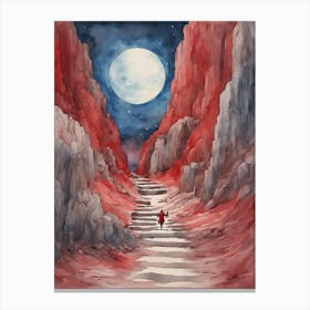 Stairs rising from red rocks lead to the blue moon Canvas Print