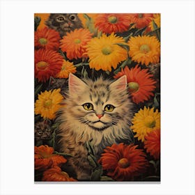 Cats And Orange Flowers, Loius Wain Canvas Print