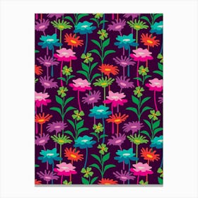 GARDEN MEADOW Floral Botanical Flowers Wildflowers in Bright Rainbow Colors on Deep Purple Canvas Print