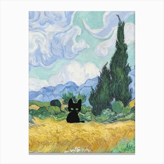A Wheatfield With Cypresses  Inspired With Black Cat Portrait Canvas Print