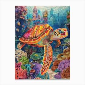 Sea Turtle In A Rainbow Underwater World Pencil Drawing Canvas Print