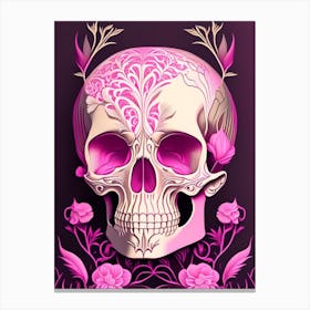Skull With Surrealistic Elements 4 Pink Line Drawing Canvas Print