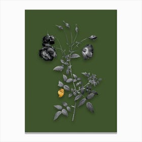 Vintage Red Rose Black and White Gold Leaf Floral Art on Olive Green Canvas Print