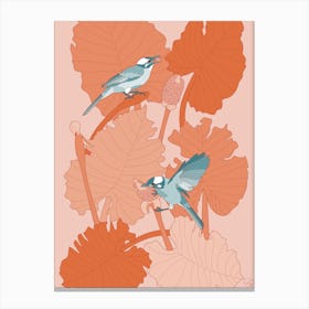 Turquoise Birds With Orange Leaves Canvas Print