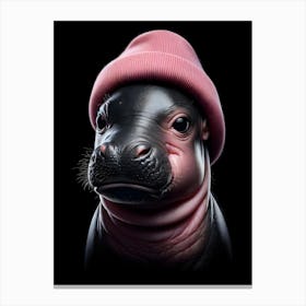Baby Hippo in pink beanie hat 6 Canvas Print