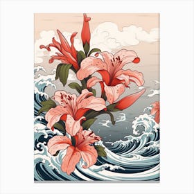 Great Wave With Lily Flower Drawing In The Style Of Ukiyo E 1 Canvas Print