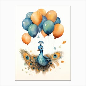 Peacock Flying With Autumn Fall Pumpkins And Balloons Watercolour Nursery 2 Canvas Print