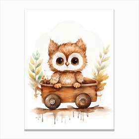 Baby Owl On A Toy Car, Watercolour Nursery 2 Canvas Print
