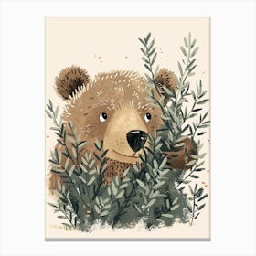 Brown Bear Hiding In Bushes Storybook Illustration 3 Canvas Print