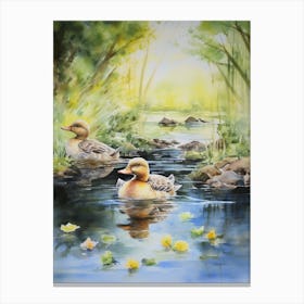 Ducklings Swimming In The River Mixed Media 2 Canvas Print