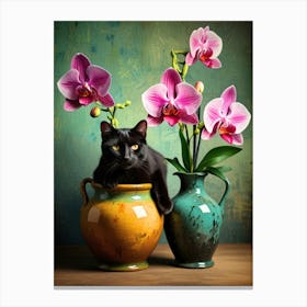 Black Cat In A Vase With Orchids 1 Canvas Print