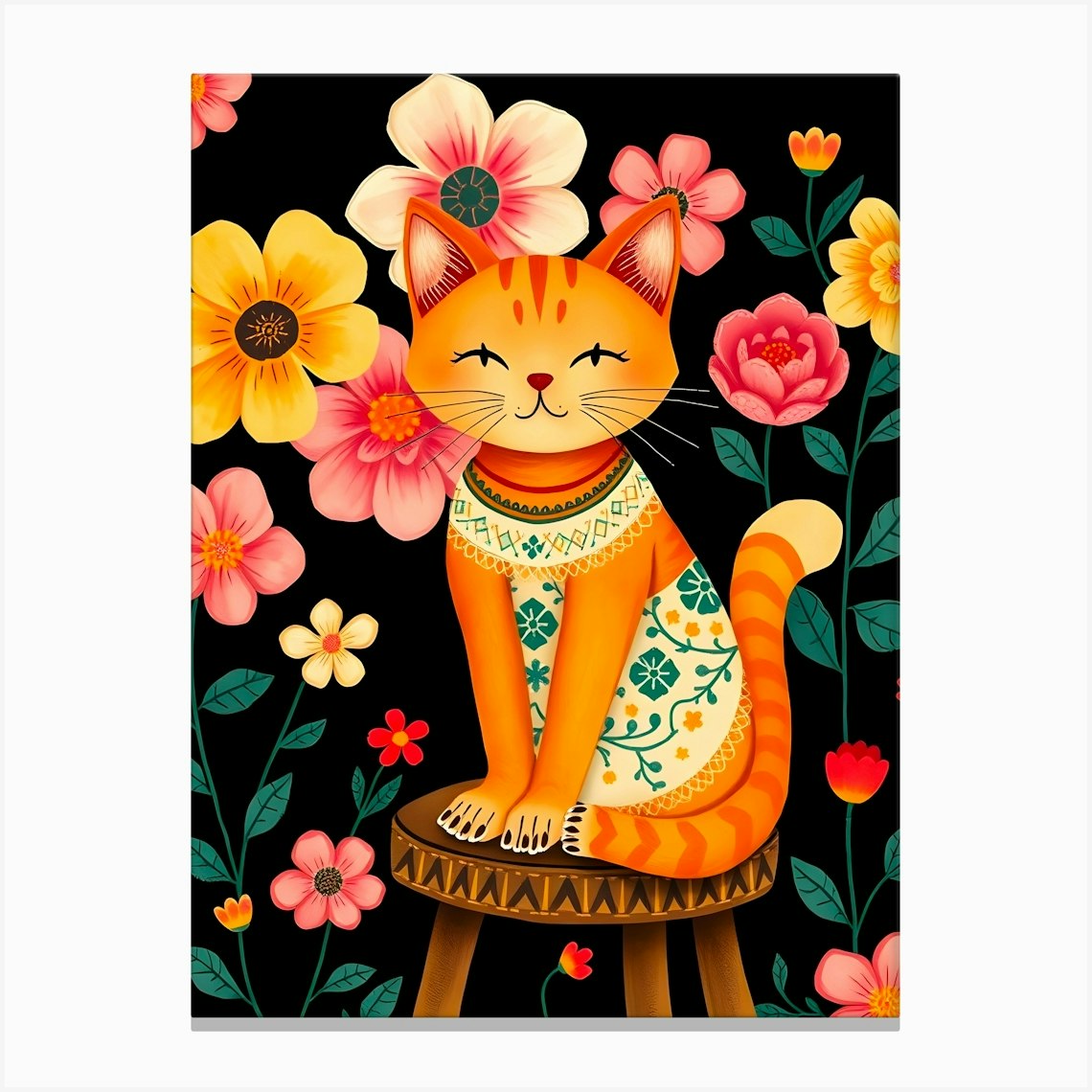 Cat With Flowers On Chair Canvas Print by ARTISTIC AVENUE