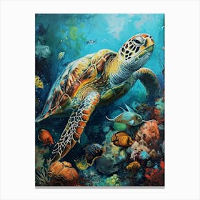 Turtle Underwater With Fish Painting 2 Canvas Print