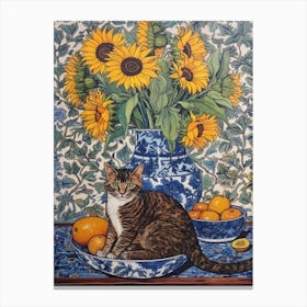 Sunflower With A Cat 2 William Morris Style Canvas Print