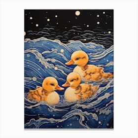 Ducklings Swimming In The Water Japanese Woodblock Style 4 Canvas Print
