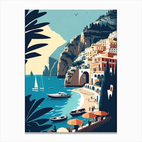 Positano, Amalfi Coast, Italy - Retro Landscape Beach and Coastal Theme Travel Poster Canvas Print