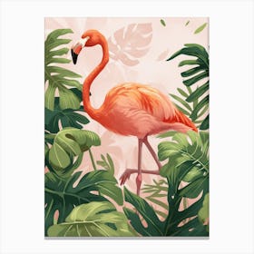 American Flamingo And Philodendrons Minimalist Illustration 3 Canvas Print