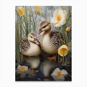 Floral Ornamental Ducks In The Cattail 2 Canvas Print