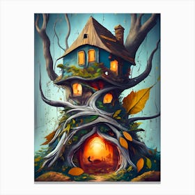 Autumn Enchantment, Gnome House in the Ancient Forest Canvas Print