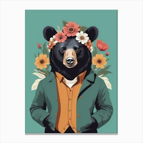 Floral Black Bear Portrait In A Suit (19) Canvas Print