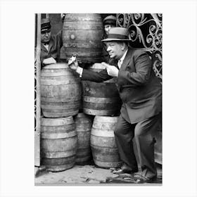 Prohibition, Man With A Beer Barrel, Bar Cart Decor, Vintage Black and White Old Photo Canvas Print