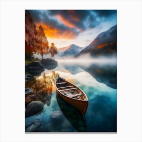 Boat On The Lake At Sunrise Canvas Print