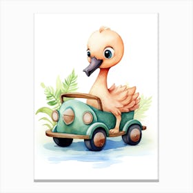 Baby Flamingo On Toy Car, Watercolour Nursery 1 Canvas Print