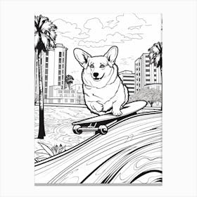 Pembroke Welsh Corgi Dog Skateboarding Line Art 3 Canvas Print