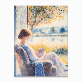 Woman Reading A Book Pointillism  Canvas Print