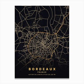 Bordeaux France Black And Gold Map Canvas Print