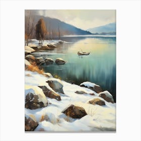 Ancient landscapes, old winter oil paintings and rocks around the lake bank. Snow is falling on the lake, old colors.8 1 Canvas Print