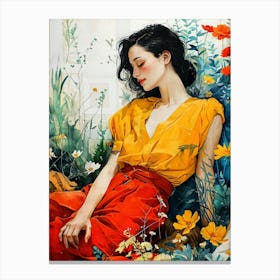 Girl In Flowers illustration Canvas Print