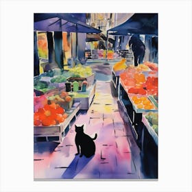 Food Market With Cats In New York 1 Watercolour Canvas Print