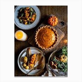 A Thanksgiving Feast Laid Out On A Rustic Wooden Table Is The Centerpiece Of An Epicurean Visual S (1) 1 Canvas Print