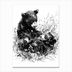 Malayan Sun Bear Playing Together In A Meadow Ink Illustration 3 Canvas Print
