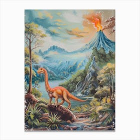Dinosaur & The Volcano Vintage Storybook Painting 2 Canvas Print