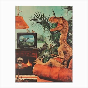 Retro Collage Dinosaur Watching Tv 3 Canvas Print