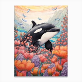 Orca Whale And Flowers 5 Canvas Print
