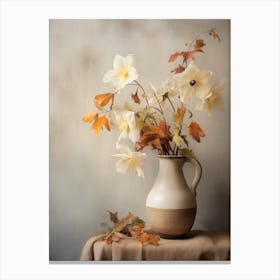 Columbine, Autumn Fall Flowers Sitting In A White Vase, Farmhouse Style 2 Canvas Print