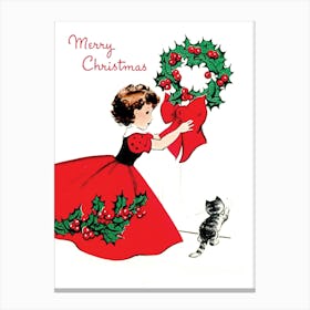 Young Girl In Red Dress And A Christmas Wreath Canvas Print