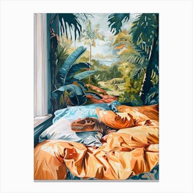 Dinosaur In Bed Painting Canvas Print