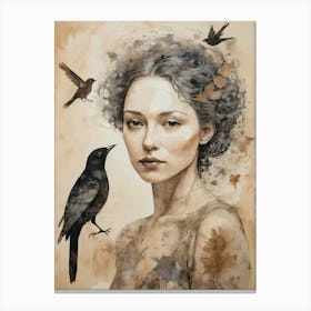 Woman Portrait With A Bird Painting (41) Canvas Print