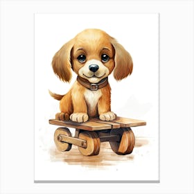 Puppy On A Toy Car, Watercolour Nursery 0 Canvas Print