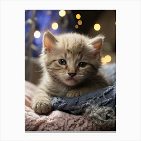 Cute Kitten With Christmas Lights Canvas Print
