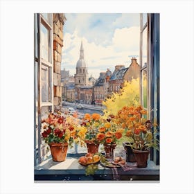 Window View Of Dublin Ireland In Autumn Fall, Watercolour 2 Canvas Print
