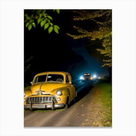 Old Car On The Road At Night~Reimagined Canvas Print