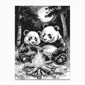 Giant Pandas Sitting Together By A Campfire Ink Illustration 1 Canvas Print