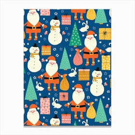 Happy Christmas Forest with Santa, Snowmen, and Rabbits on Dark Blue Canvas Print