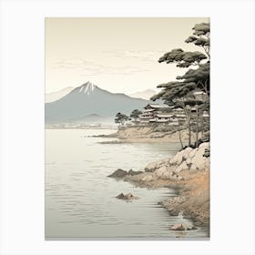Lake Biwa In Shiga, Ukiyo E Black And White Line Art Drawing 4 Canvas Print