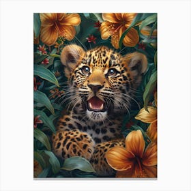 A Happy Front faced Leopard Cub In Tropical Flowers 13 Canvas Print
